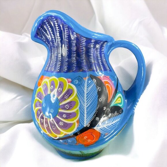 Hand Made Mexico Pottery Tonala Talavera Pitcher Hand Painted RedWare Decor - Picture 2 of 16